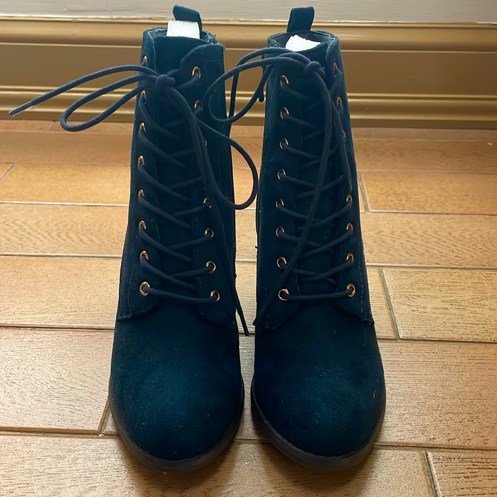 Navy blue suede lace up block heel booties size 8